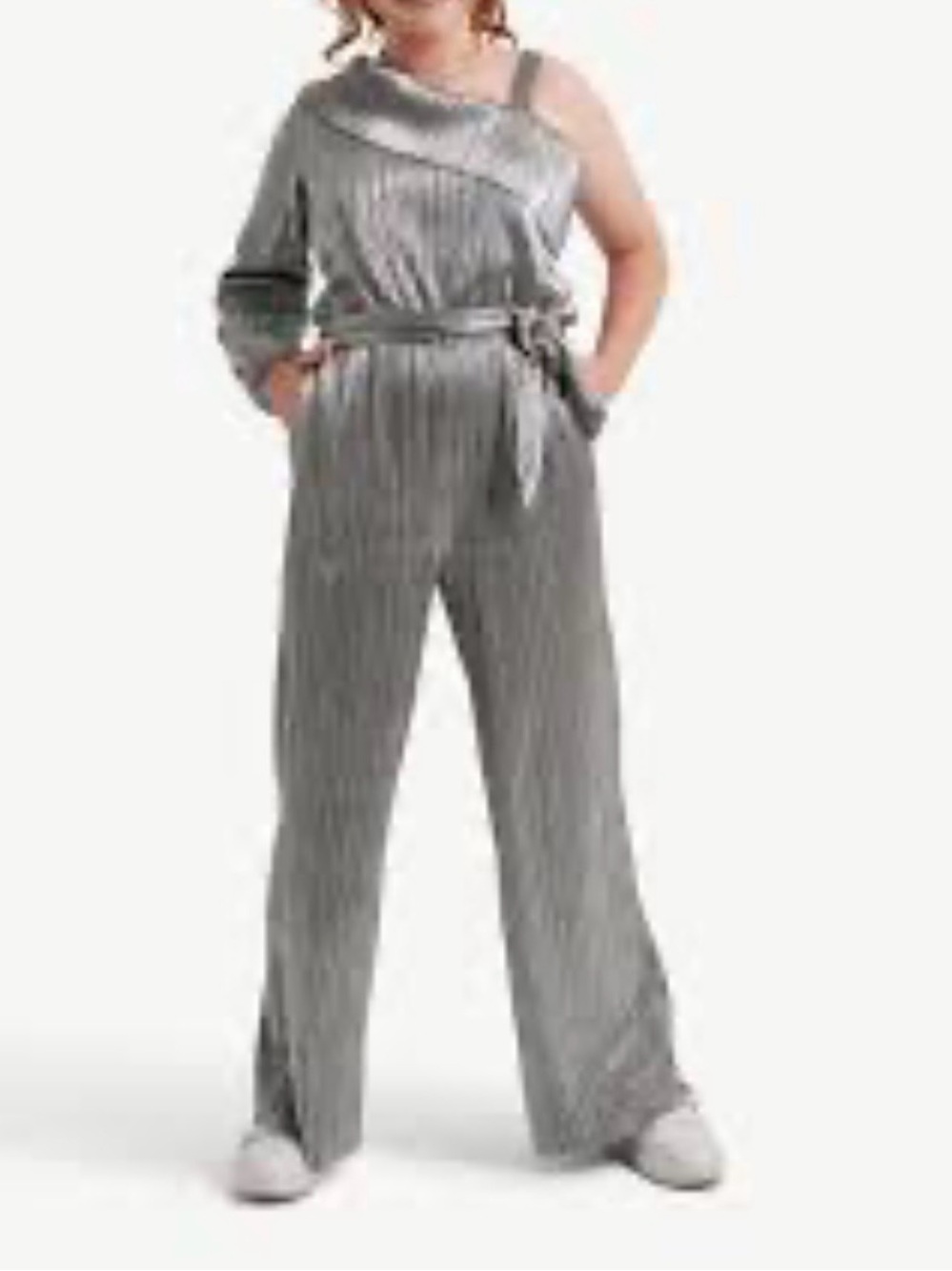 Justice Silver One-Shoulder Plissé Girls' Jumpsuit